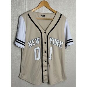 Angel Cult New York 01 Baseball Jersey Tan White Mesh Button Front Shirt Large
